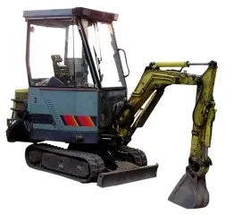 Mini pelle jaune et bleue, équipée d’un bras articulé et d’une cuve, idéale pour les travaux de terrassement ou de construction.