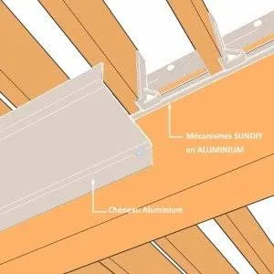 Modélisation 3D : chéneau beige sable sous les lames et mécanisme SUNDIY en aluminium