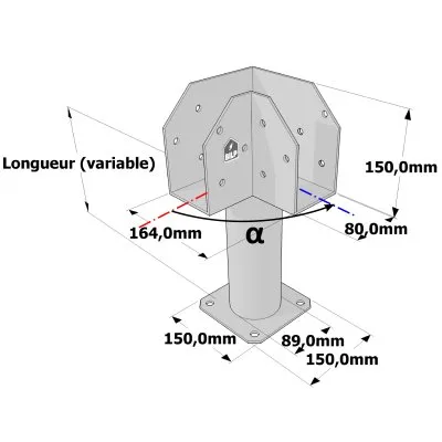 Poteau structurel OSP - D89mm - Platine haute en L 80x164x150mm - Embase 150x150mm