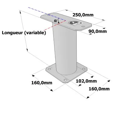 Poteau structurel OSP - D102mm - Platine haute rectangulaire 90x250mm - Embase 160x160mm